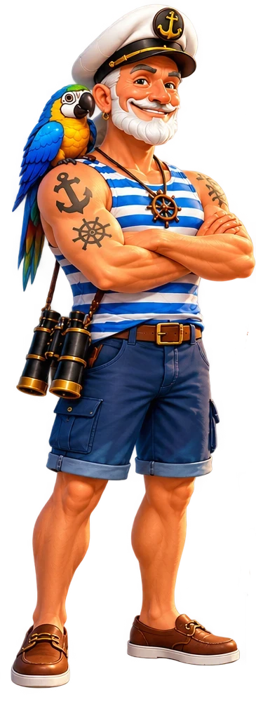 Captain Vasko on the pier, arms crossed, with his parrot