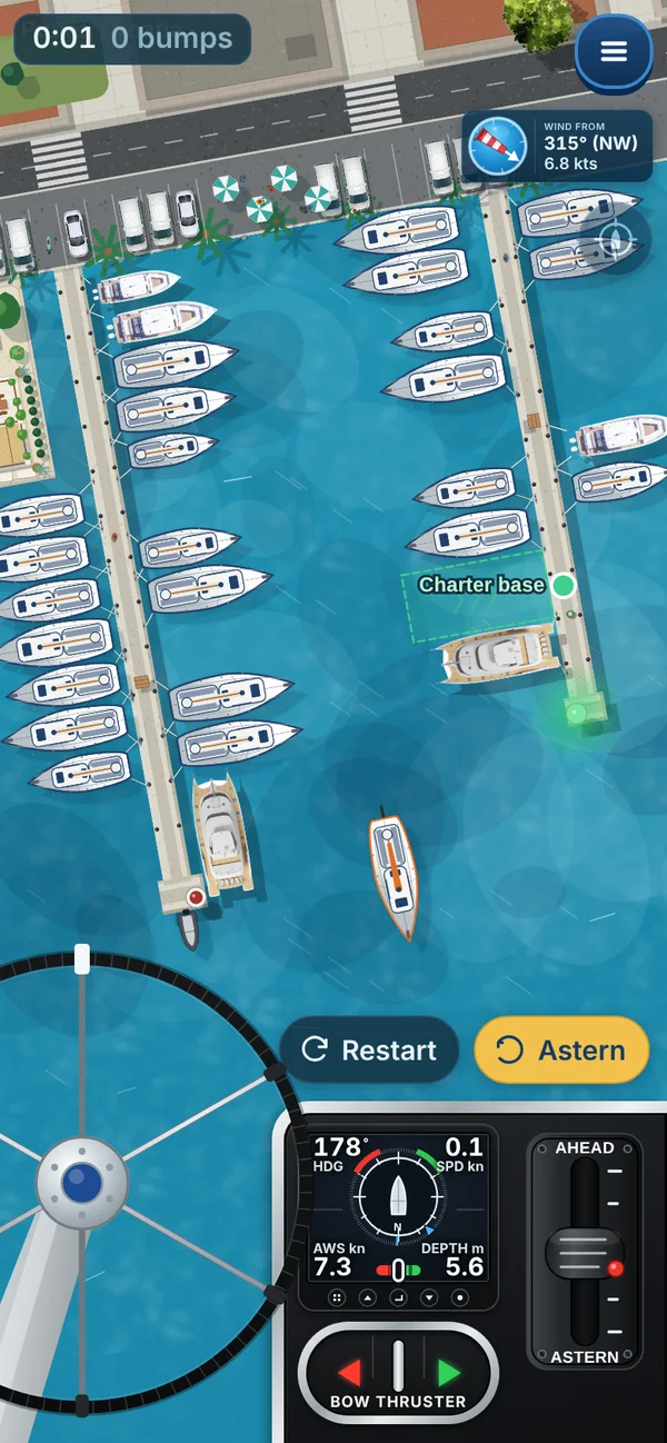 Gameplay in Punat: the charter base berth, wheel, lever and instrument display